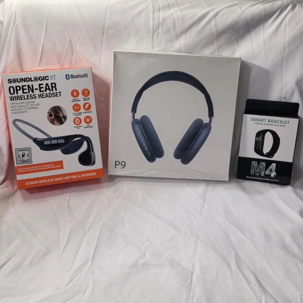 BUNDLE (Blue P9 Wireless Headphones + SoundLogic OpenEar + Green Smart Watch